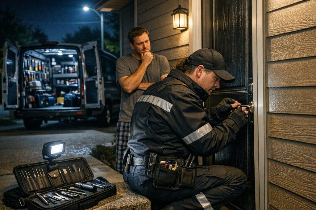 Locksmith unlocking a home door at night