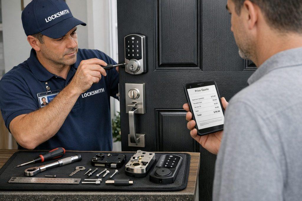 Professional locksmith installing a smart door lock while homeowner reviews price quote on phone.