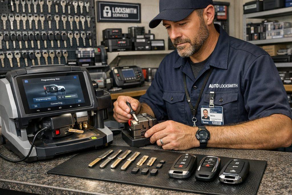 Professional auto locksmith programming a car key using a diagnostic machine in a workshop.