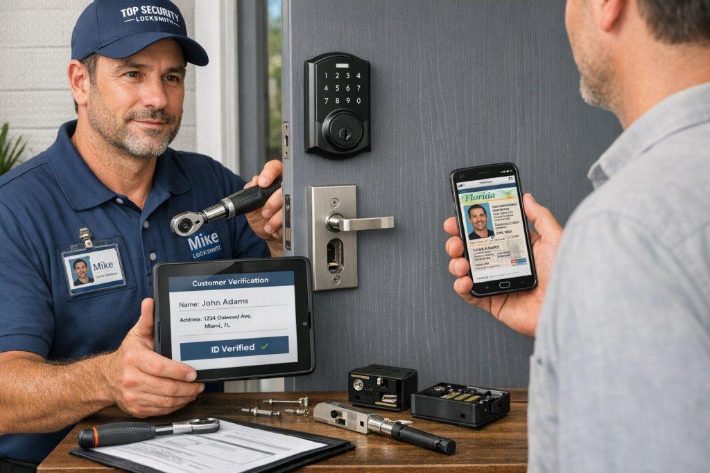 Licensed locksmith verifying customer ID while installing a smart lock on a residential door.