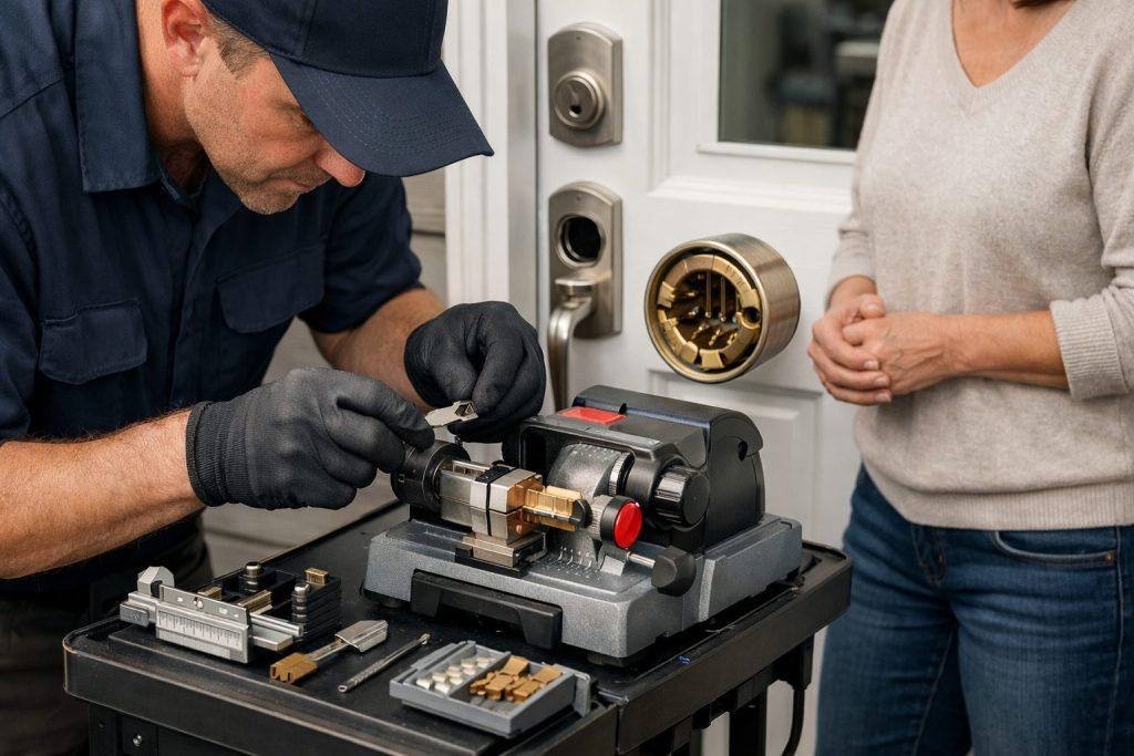 Locksmith cutting a house key at a residential front door using a portable machine.
