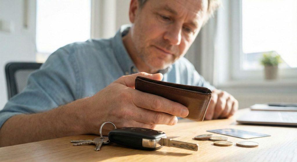 Man checking wallet beside car keys and coins
