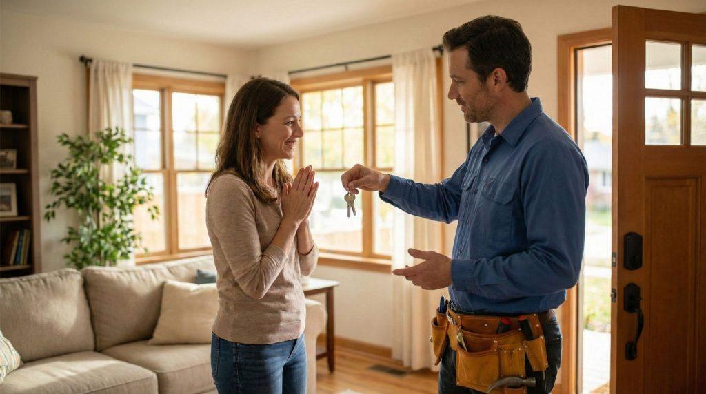 Locksmith handing house keys to homeowner